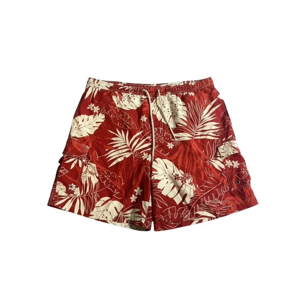 Caribbean Joe Swim Trunks Medium Red Tropical Floral Cargo Board Shorts 7in